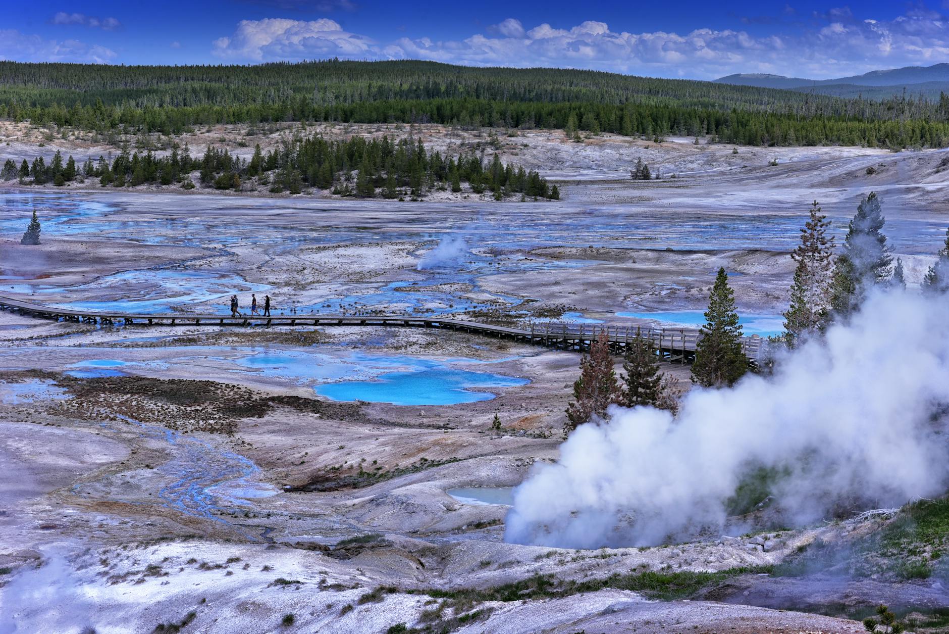 Steaming geothermal craters and boardwalk through volcanic terrain