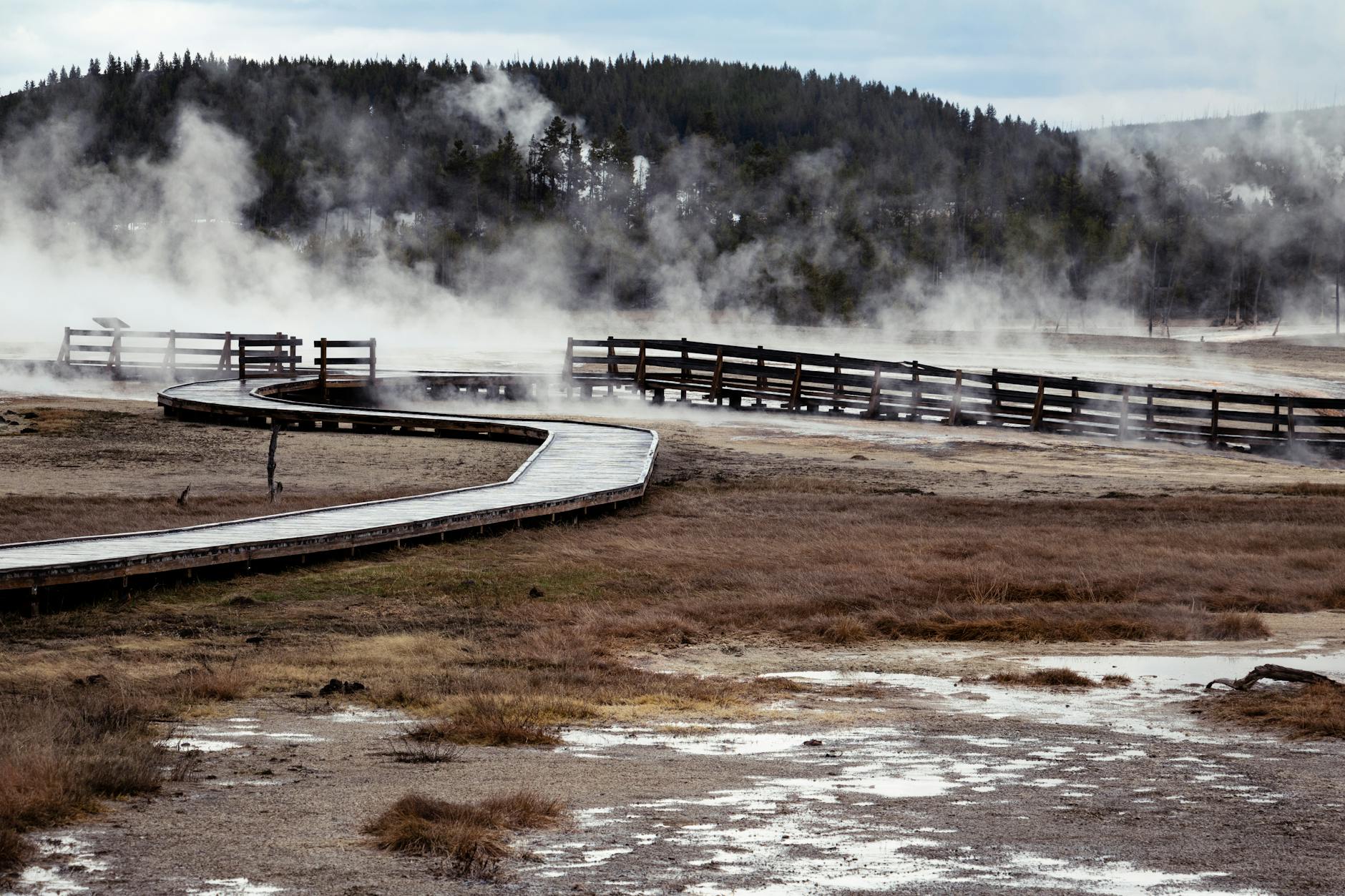 Wooden boardwalk path through steaming geothermal landscape with warning signs