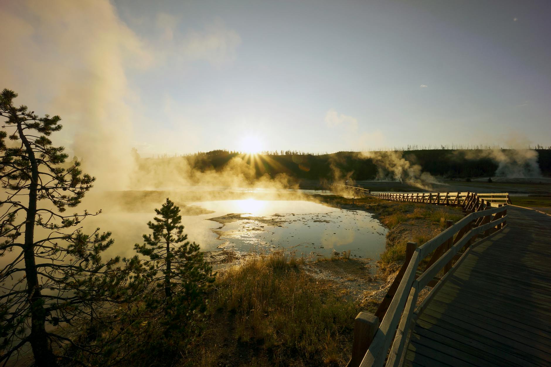 Geothermal landscape with steam vents and boardwalk at Craters of the Moon Taupo