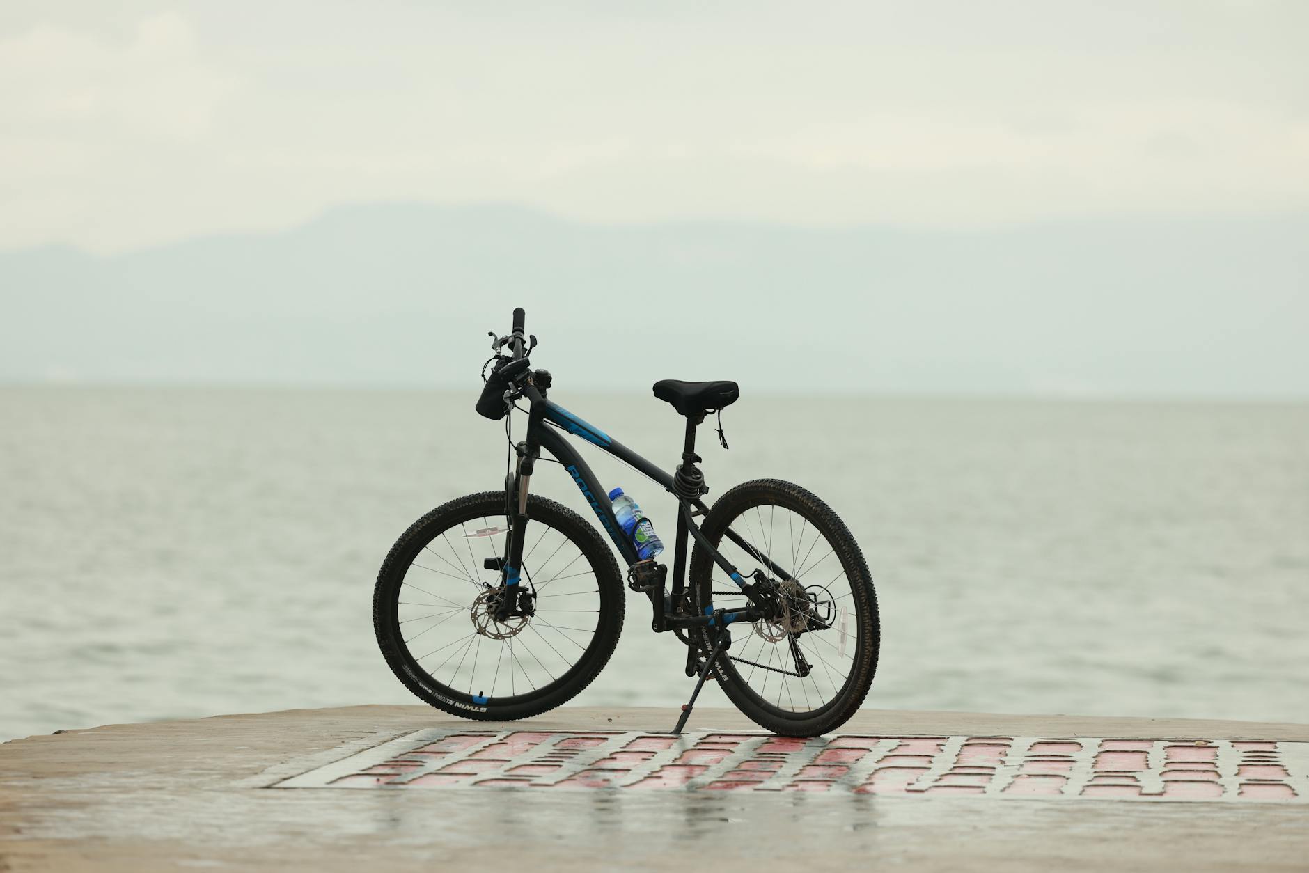 Cyclist riding along a lakeside trail in scenic New Zealand