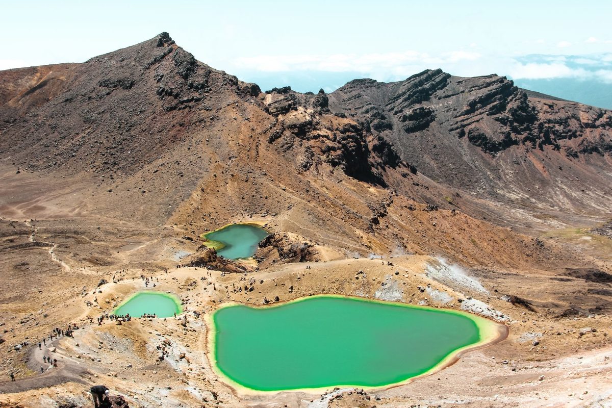 Aerial view of the Emerald Lakes and crater ridge in Tongariro National Park