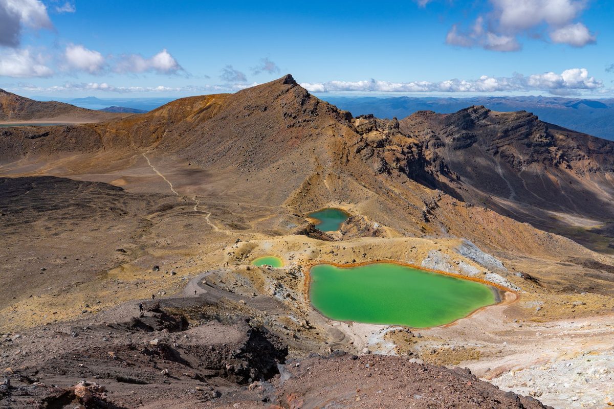 Aerial view of turquoise Emerald Lakes surrounded by volcanic rock