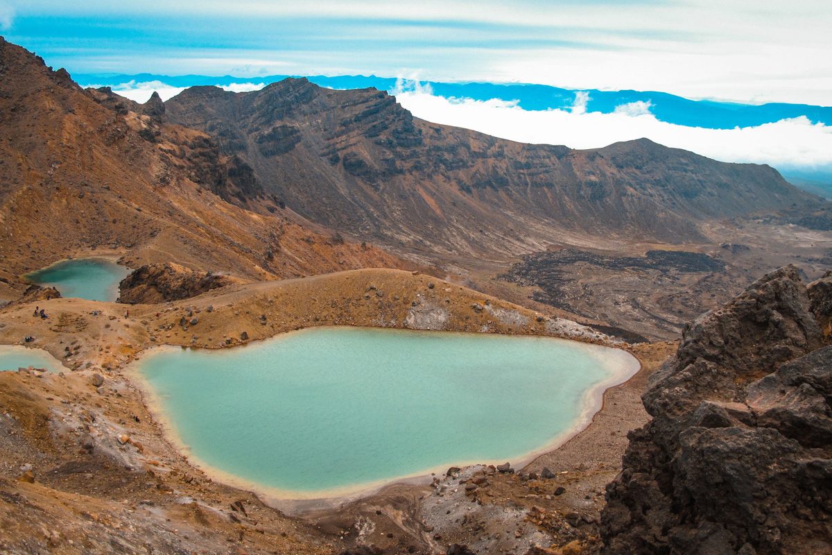 Turquoise Emerald Lakes seen from the ridge above, Tongariro National Park