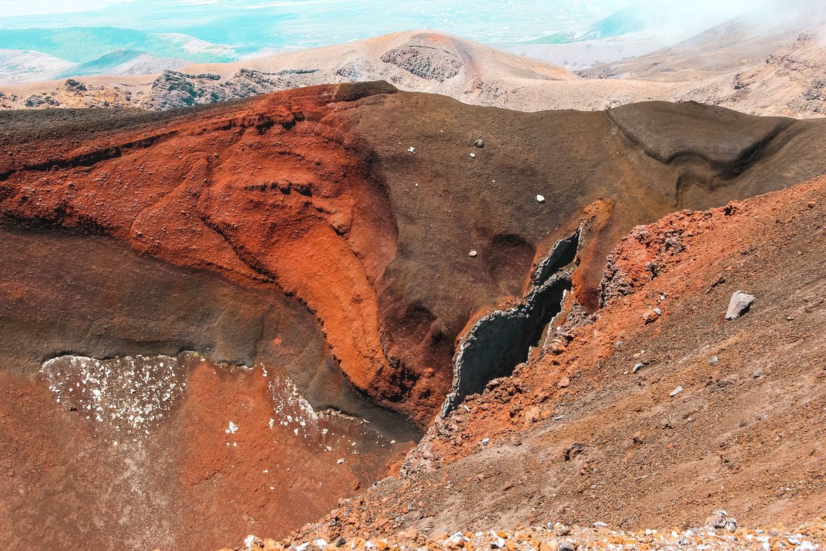 Close view of the red and black mineral banding inside Red Crater, Tongariro National Park