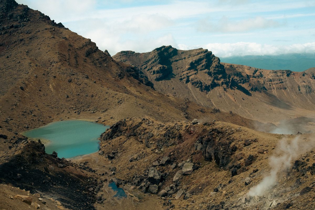 Blue Lake and the Central Crater with steam rising nearby, Tongariro National Park